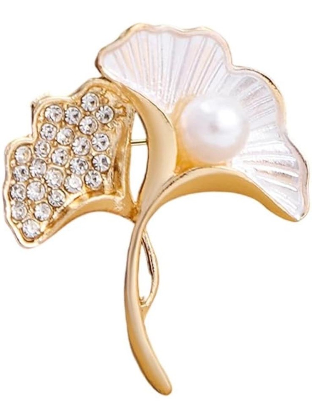 Anthropologie Gold and White Pearl Leaf Brooch with Crystals